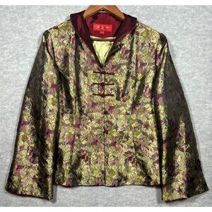 Traditional Chinese Floral Brocade Jacket Womens S/M Knot Buttons Green